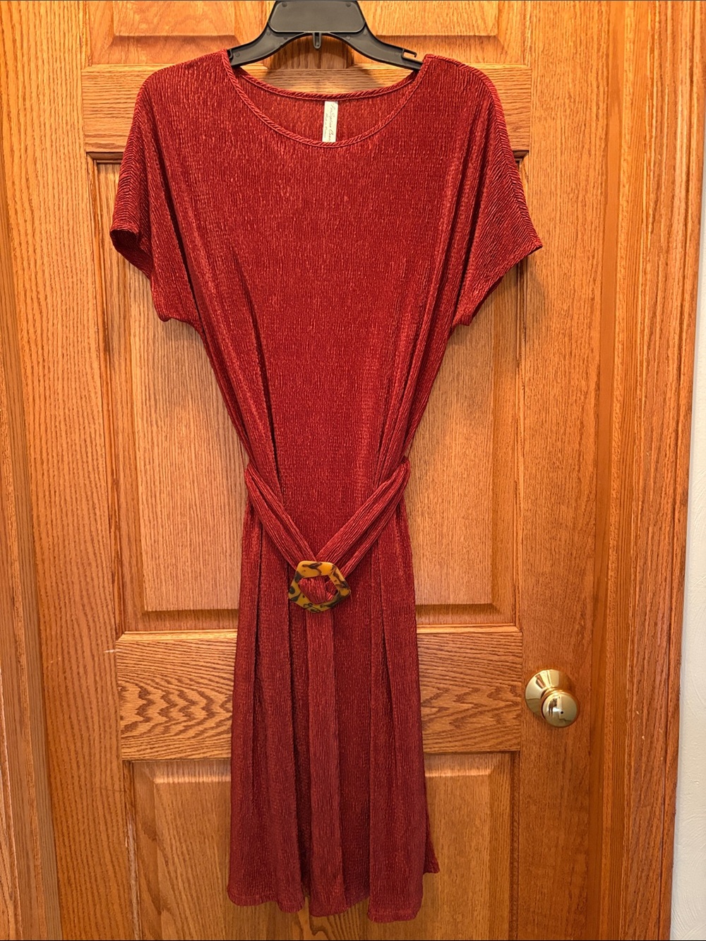 Elegant Rust Short-Sleeve Belted Dress